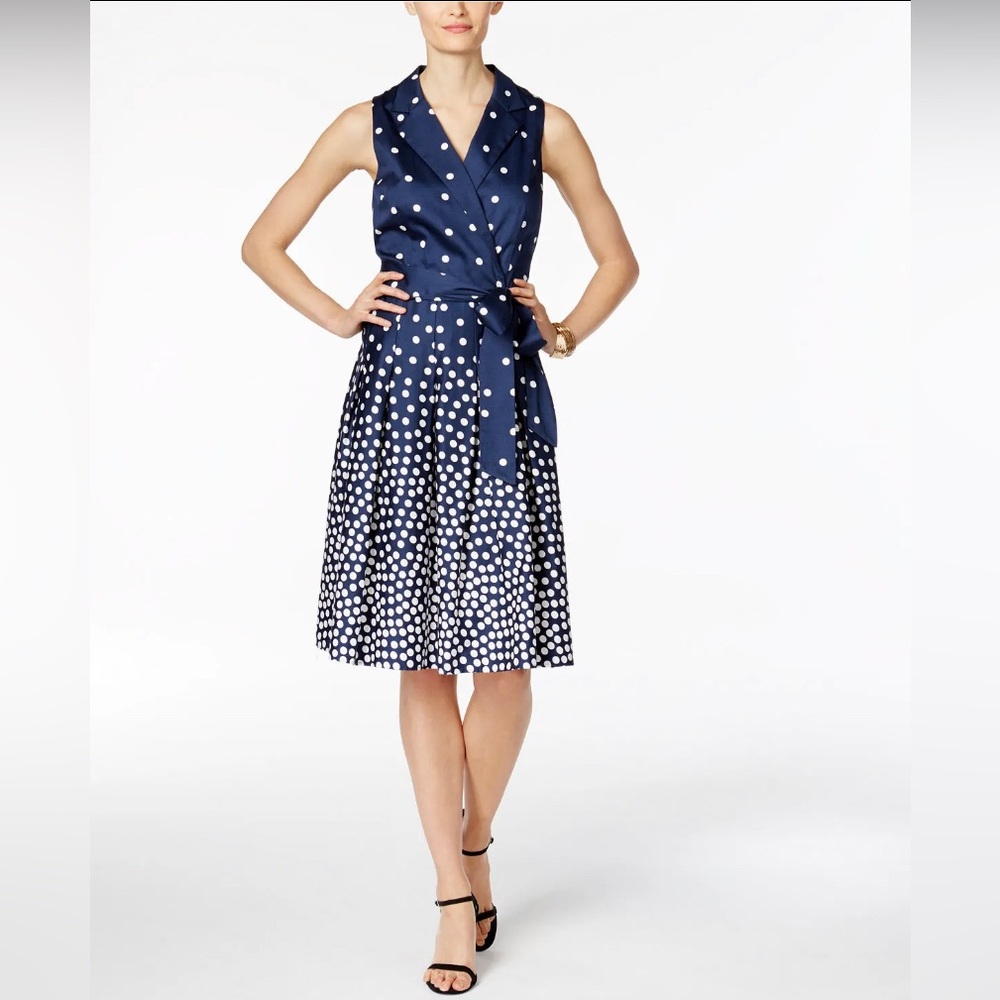 Anne Klein Cadet Navy/White Polka Dot Faux‑Wrap Pleated Fit Flare Dress size 4